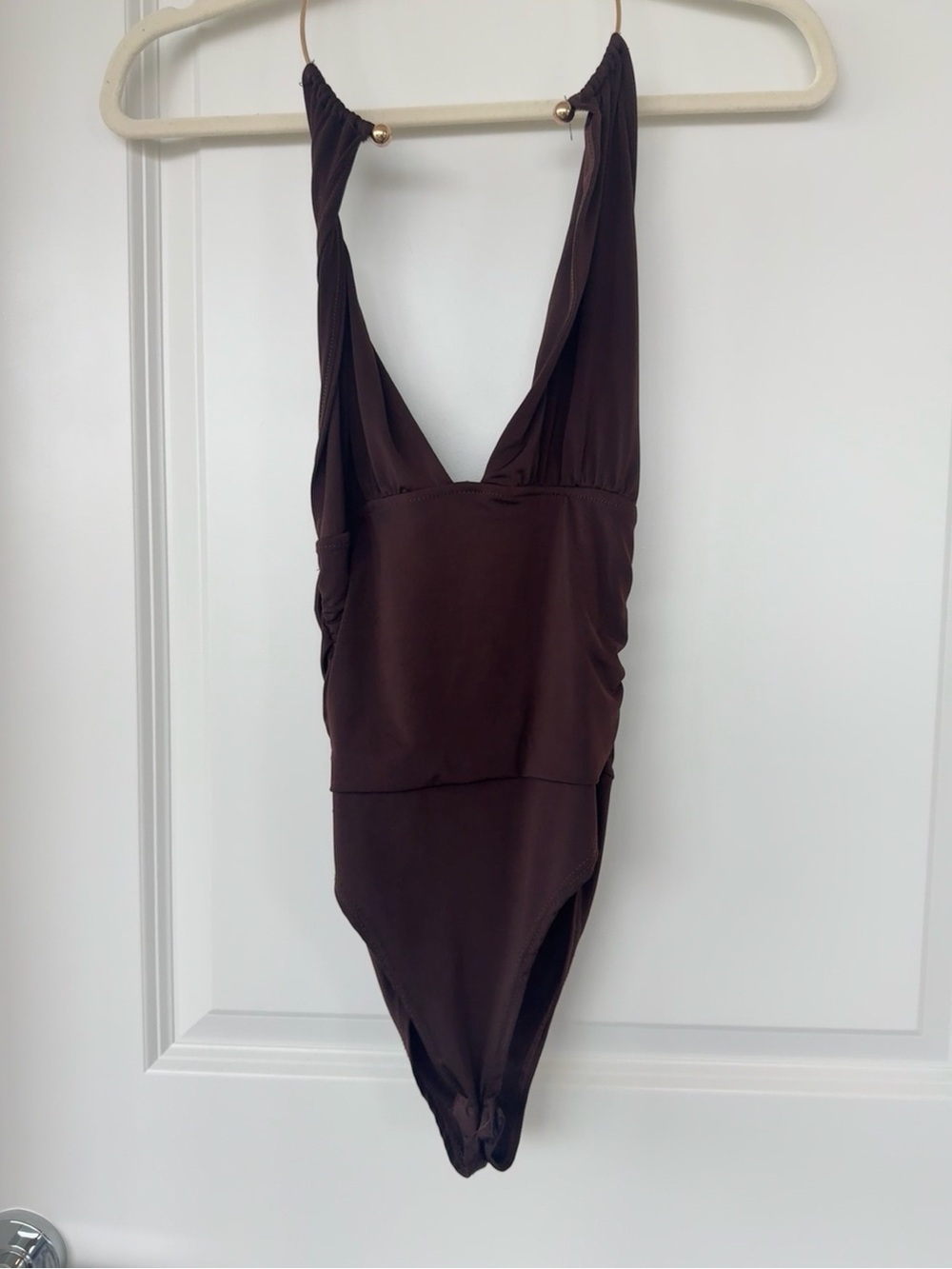 Deep Brown V-Neck One-Piece Bodysuit